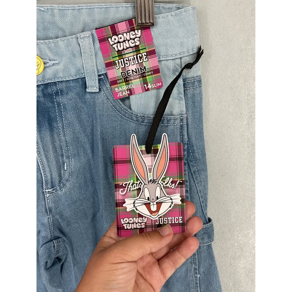 Justice Girls Looney Tunes Cargo Barrel Jeans Bugs Bunny Lola Blue 14 Slim NWT